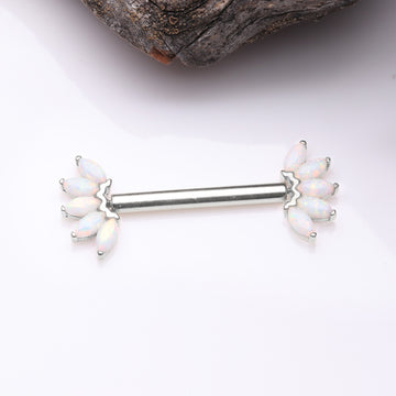 Detail View 1 of A Pair of 14 Karat White Gold OneFit Threadless Marquise Fire Opal Floral Nipple Barbell-White Opal